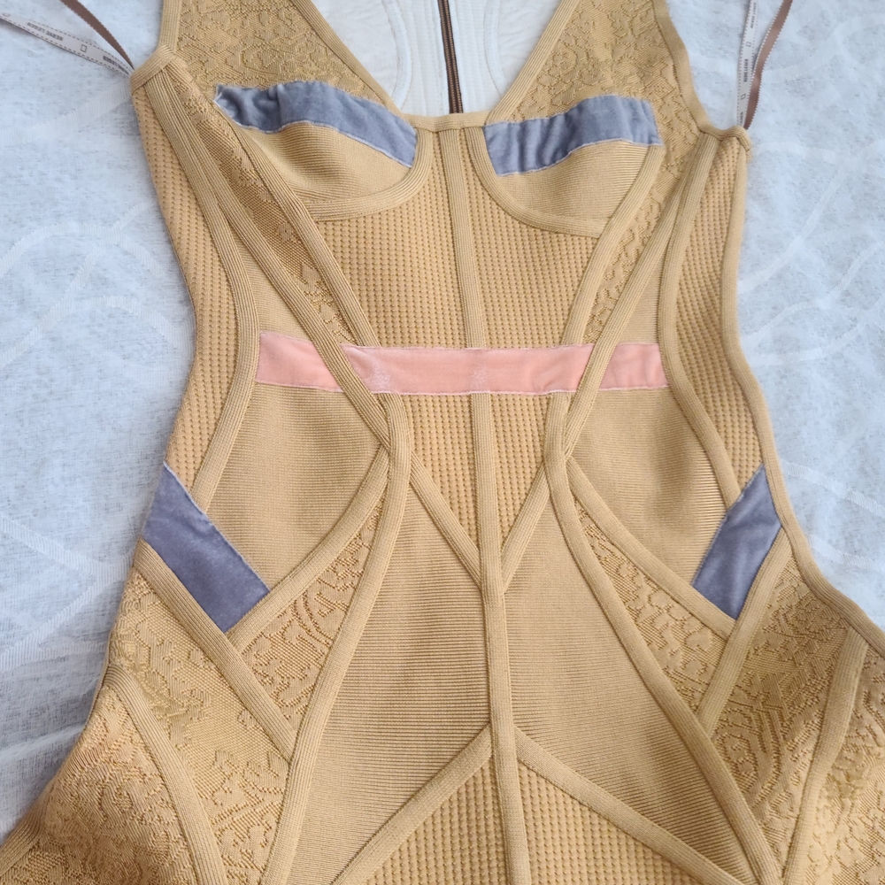 Herve Leger Yellow Mini Dress with Lavender and Blush Accents - Picture 3 of 10